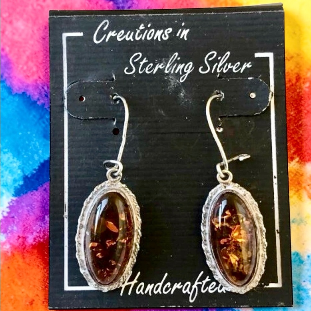 Amber Sterling Silver Dangle Drop Earrings Leverback Handcrafted New